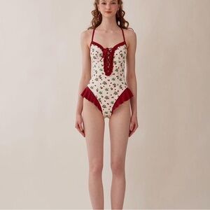 Cream & Red Floral Lace-Up One-Piece Swimsuit/Bodysuit